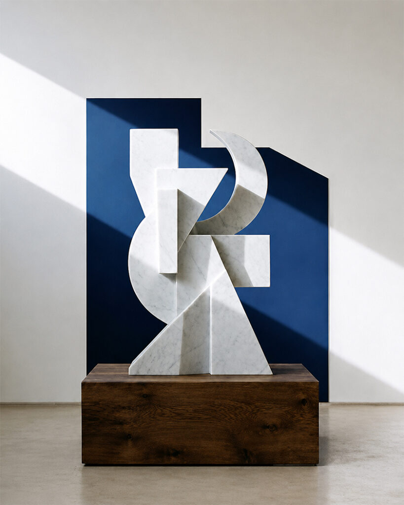 Conception sculpture sur mesure en marbre blanc avec formes abstraites géométriques