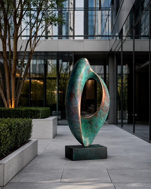 Devis sculpture sur mesure abstraite sur mesure en bronze patiné installée devant un bâtiment contemporain