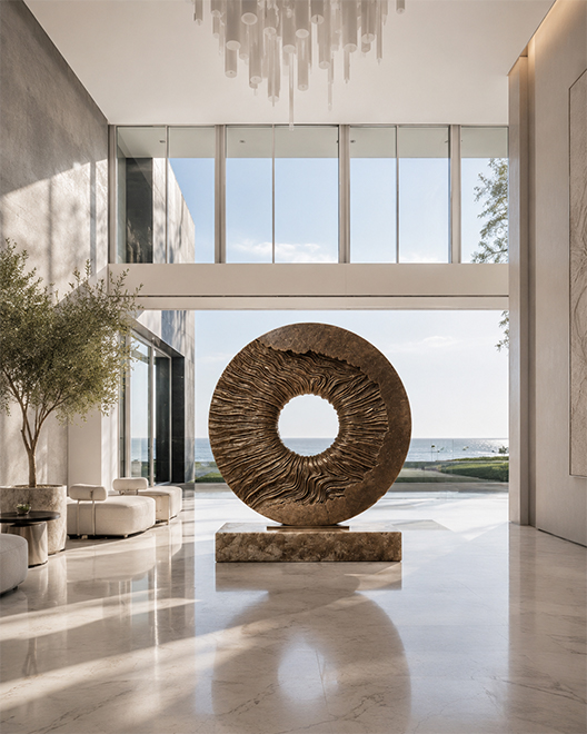 Devis sculpture sur mesure circulaire abstraite sur mesure installée dans le hall lumineux d’une villa contemporaine