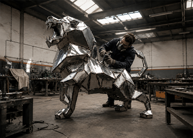 Sculpture Maroc en métal représentant un lion polygonal en cours de fabrication dans un atelier
