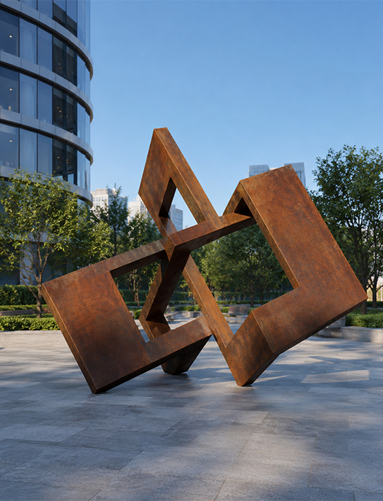 Fabrication Sculpture Maroc d’une sculpture abstraite en acier Corten installée en extérieur