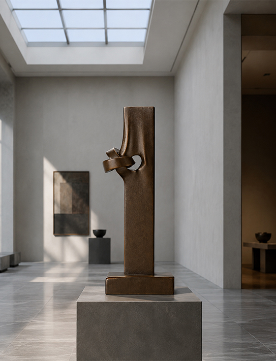 Fabrication Sculpture Maroc d’une sculpture verticale en bronze installée dans un intérieur contemporain