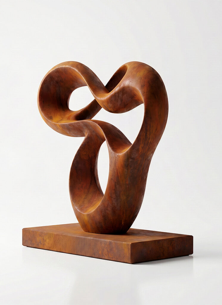 Sculpture abstraite en acier Corten aux formes organiques sur socle rectangulaire
