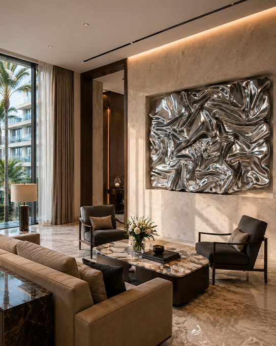 Sculpture Maroc murale en inox poli miroir installée dans un hôtel de luxe