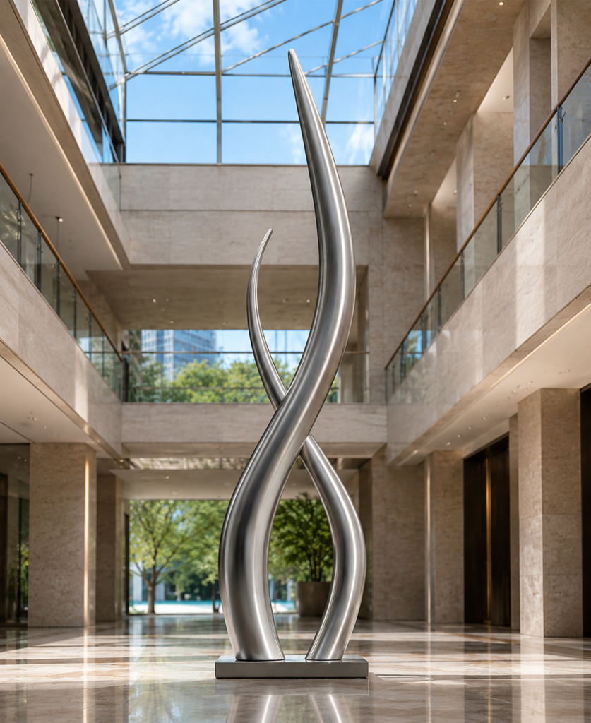 Sculpture Maroc en inox abstraite sur mesure installée dans un espace intérieur haut de gamme